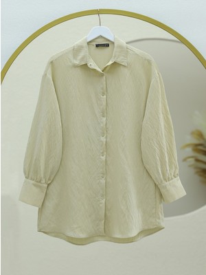 Modamorfo Klasik Yaka Boydan Düğmeli Oval Kesim Gömlek -Taş