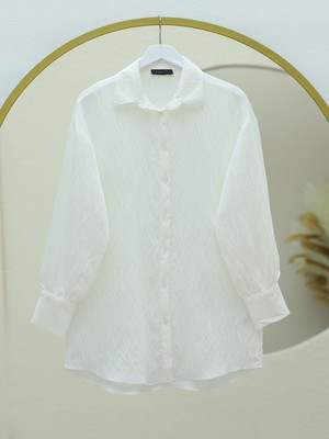 Modamorfo Klasik Yaka Boydan Düğmeli Oval Kesim Gömlek -Beyaz