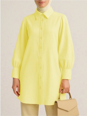 Modamorfo Klasik Yaka Boydan Düğmeli Oval Kesim Gömlek -Açık Sarı