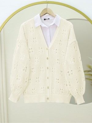 Moda Morfo Düğmeli Ajurlu Araboy Triko Hırka  -Ekru