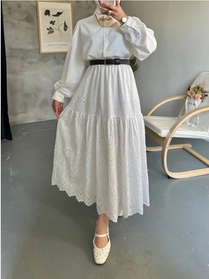 Modamorfo Parçalı Inci Detaylı Beli Lastikli Etek -Beyaz