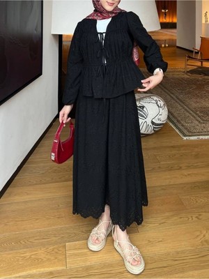 Moda Morfo Kolu Lastikli Önü Bağlamalı Astarlı Kimono Takım  -Siyah
