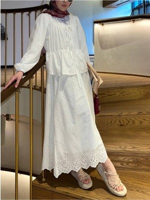 Modamorfo Kolu Lastikli Önü Bağlamalı Astarlı Kimono Takım  -Beyaz