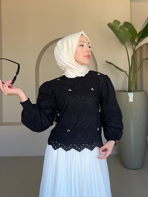 Moda Morfo Yuvarlak Yaka Taşlı Astarlı Tunik -Siyah
