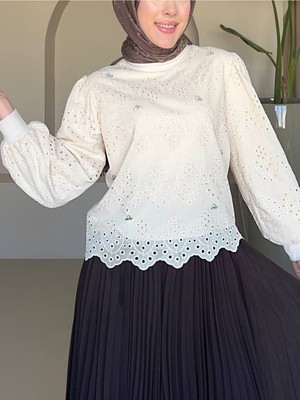 Modamorfo Yuvarlak Yaka Taşlı Astarlı Tunik -Bej