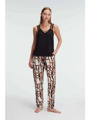 Marsilyan-  Sıfır Kol V Yaka Viskon Geometrik Yazlık Uzun Ip Detaylı Pijama Takımı