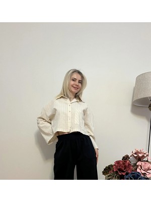 Cardella Kadın Çizgili Oversize Keten Gömlek – Tek Ebat Crop Salaş Gömlek