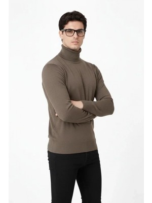 Marsilyan- Tam Boğazlı Balıkcı Yaka Triko Kazak Yumuşak Dokulu Pamuklu Ince Dokuma, Uzun Kollu Rahat Regular Kalıp - Kahverengi