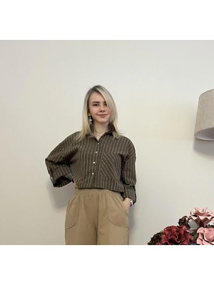 Cardella Kadın Çizgili Oversize Keten Gömlek – Tek Ebat Crop Salaş Gömlek