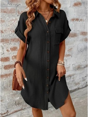 Marsilyan- Kadın Kısa Kollu Yakalı Önden Düğmeli Bürümcük Kısa Elbise