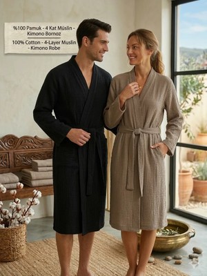 Mia Mina Home & Baby 4 Kat Müslin Kimono Model Vizon Renk Unisex Kalıp Bornoz / Sabahlık