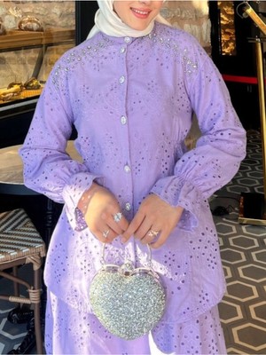 Modamorfo Belden Sıkmalı Omuzu Taş Detaylı Fistolu Takım  -Lila