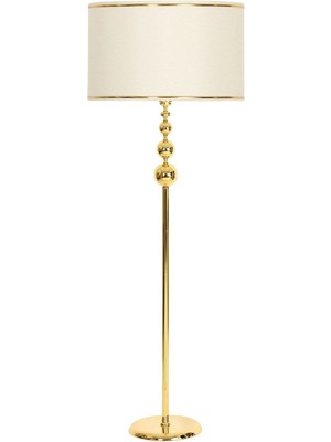 Vinner Plus Vega Gold Kaplama 3lü Küre Düz Tek Ayak Metal Lambader Gold Şeritli Silindir Hasır Bej Başlık