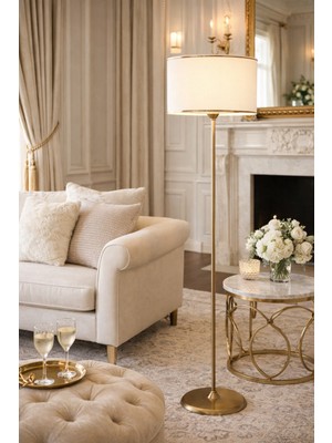 Vinner Noa Conic Eskitme Tek Ayaklı Metal Düz Lambader - Gold Şeritli Krem