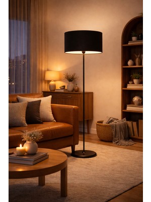 Vinner Atelier Mono Modern Lambader – Siyah Metal Gövdeli 40 cm Kumaş Şapkalı Ayaklı Salon Lambası