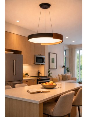 Vinner Atelier 5124P Modern Halka Avize – Siyah Metal ve Doğal Ceviz Detaylı LED Salon Avizesi