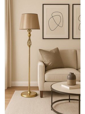 Epifanio Şelale Burgulu Mat Gold Vizon Şapkalı Metal Lambader – Dekoratif Ev Salon Aydınlatması