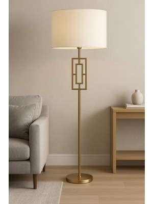 Vinner Puglia Geometrik Gold Gövdeli Modern Lambader - Krem Şapkalı Dekoratif Ayaklı Lamba