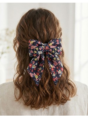 Jz Moda Siyah Çiçek Desenli Otomatik Klipsli Kurdele Toka - Vintage Saç Aksesuarı