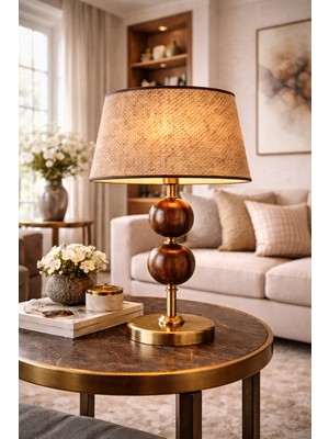 Vinner Nurio Ceviz Küre Detaylı Pirinç Renk Gövdeli Hasır Şapkalı Premium Masa Abajuru