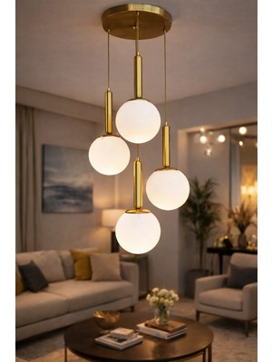 Vinner Orbita 4 Gold Cam Sarkıt Avize – 4’lü Opal Küre, Modern Yemek Masası Aydınlatma