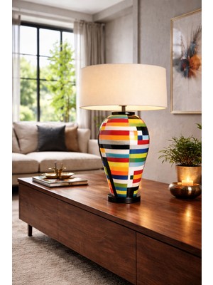 Vinner Luxury El Yapımı Mozaik Seramik Abajur – 65 cm | E27, Krem Şapka Premium Salon Aydınlatması