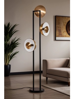 Vinner Sarthe Özel Tasarım Siyah-Eskitme Metal Mat Gold Tek Ayaklı Lambader, Salon Lambader