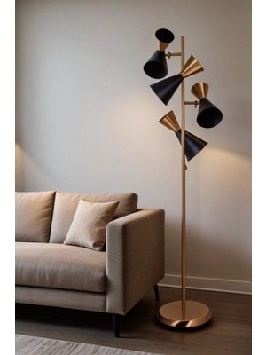 Vinner Arke Eskitme Kaplama Siyah Detaylı Metal Oynar Başlıklı Tek Ayaklı Lambader, Salon Lambader