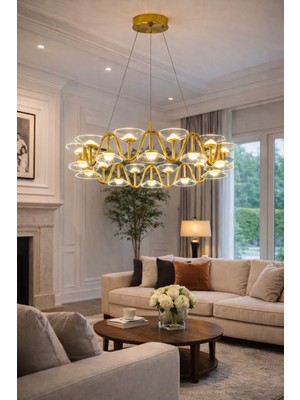 Vinner Atelier Planet Modern LED Avize – Gold Metal Gövde Cam Başlıklı Lüks Salon Avizesi