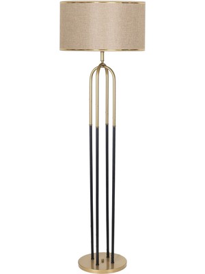 Vinner Houston Eskitme  Mat Gold Detaylı Metal Lambader - Gold Hasır Kahve