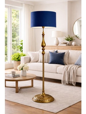 Vinner Atelier Bronze Gövdeli Lacivert Kumaş Şapkalı Dekoratif Lambader – Modern Salon Köşe Lambası