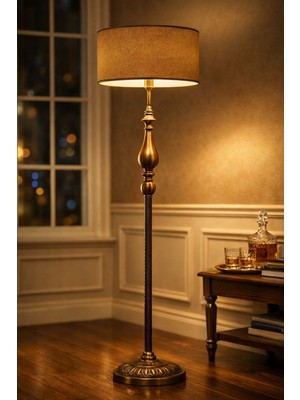 Vinner Atelier Bronze Gövdeli Klasik Lambader – Çuval Dokulu Bej Şapkalı Dekoratif Salon Lambası