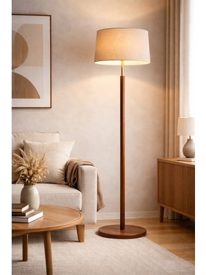 Vinner Vısby Ceviz Rengi Doğal Ahşap Lambader Keten Şapkalı Modern Salon Lambası