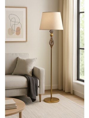 Epifanio Şelale Eskitme Mat Gold Bej Şapkalı Metal Lambader – Dekoratif Ev Salon Aydınlatması