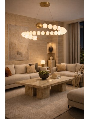 Vinner S80 Nova Modern Halkalı Avize - Opal Cam, Pirinç Renk Metal Gövde, Salon Yemek Odası Avizesi