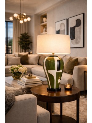 Vinner Luxury Verde Cross El Yapımı Seramik Abajur – Modern & Art Deco Salon Aydınlatması