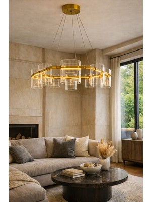 Vinner Modern Halka Cam Silindir Avize 70 cm Bronz Metal Gövde 8 Başlıklı Salon & Villa LED Avize