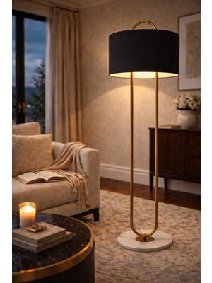 Vinner Noxera Eskitme Mat Gold Art Deco Lambader – Siyah Kumaş Şapkalı, Mermer Tabanlı