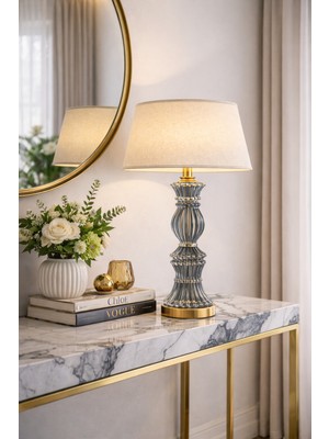 Vinner Aurelia Kristal Euro Grey Cam Abajur – Eskitme Gold Detaylı Dekoratif Masa Lambası