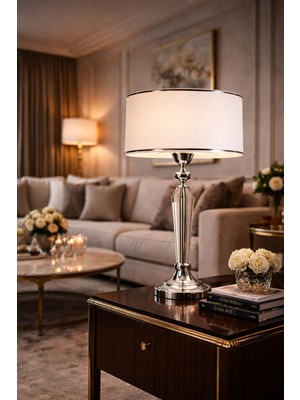 Vinner Atelier Crystal Krom Abajur – Kristal Form Gövdeli 30 cm Kumaş Şapkalı Modern Masa Lambası