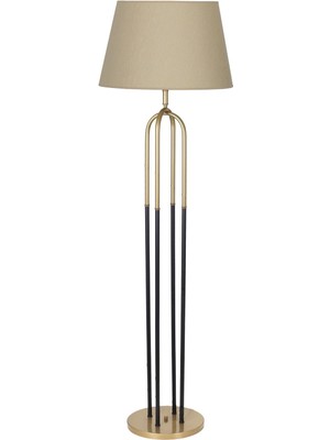 Vinner Houston Eskitme  Mat Gold Detaylı Metal Lambader - Hasır Bej
