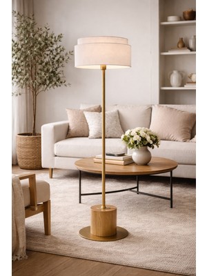 Vinner Atelier Naturel Ahşap Kaideli Bronze Gövdeli Modern Lambader Çift Katmanlı Krem Şapka