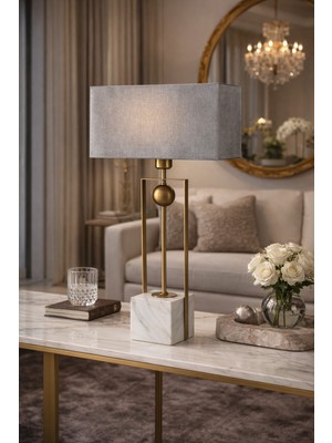 Vinner Prato Mermer Tabanlı Gold Metal Gövdeli Dikdörtgen Gri Şapkalı Premium Abajur