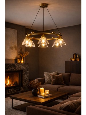 Vinner Atelier Jüpiter Modern Halka Avize – Bronze Metal Gövde, Cam Başlıklı 5’li Salon Avizesi