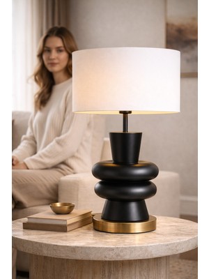 Vinner Sculpta Modern Siyah Ahşap Abajur Pirinç Renk Tabanlı Premium Masa Lambası