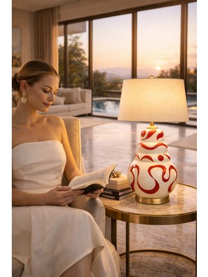 Vinner Luxury El Yapımı Seramik Desenli Abajur – Krem Silindir Şapka Villa Lüks Salon Aydınlatma