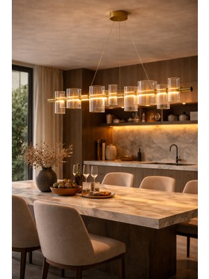 Vinner Modern Cam Silindir Lineer Avize 120 cm Bronz Metal Gövde Yemek Masası Salon LED Avize