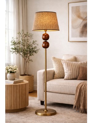 Vinner Nurio Ceviz Küre Detaylı Pirinç Renk Gövdeli Hasır Şapkalı Premium Lambader