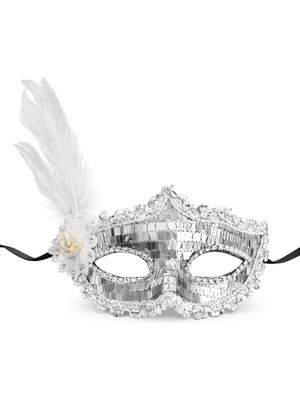 Eco Port Gümüş Tüylü Payetli Lüks Taşlı Parti Maskesi