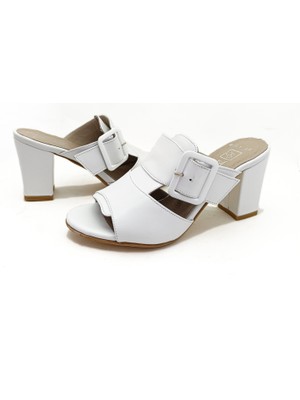 Gdt Ayakkabı Hakiki Deri Beyaz Renk Kalın Topuk 35-36-37-38-39-40-41 Numara Kadın Topuklu Terlik